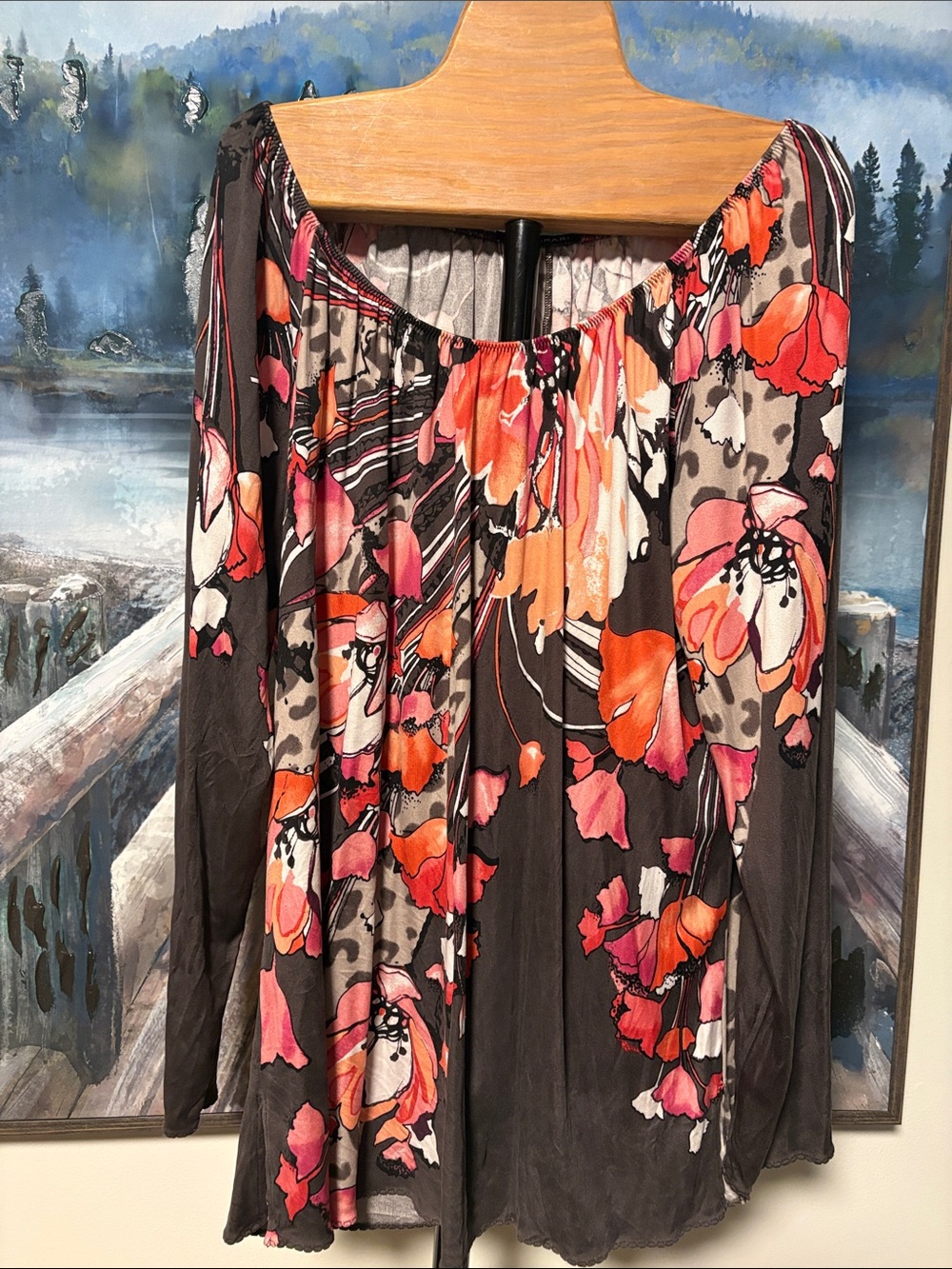 Elie Tahari Floral Off-Shoulder Tunic in Black, Coral & Pink